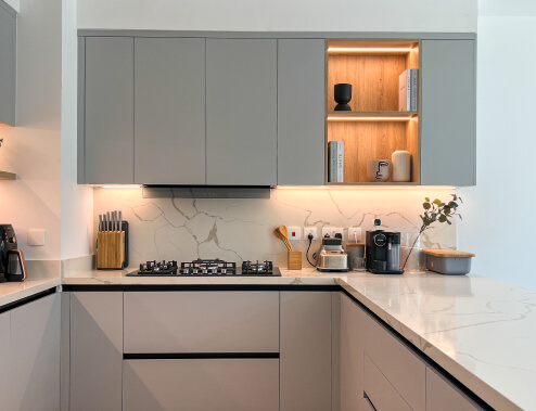 Modern Grey Kitchen  with Waterfall Island